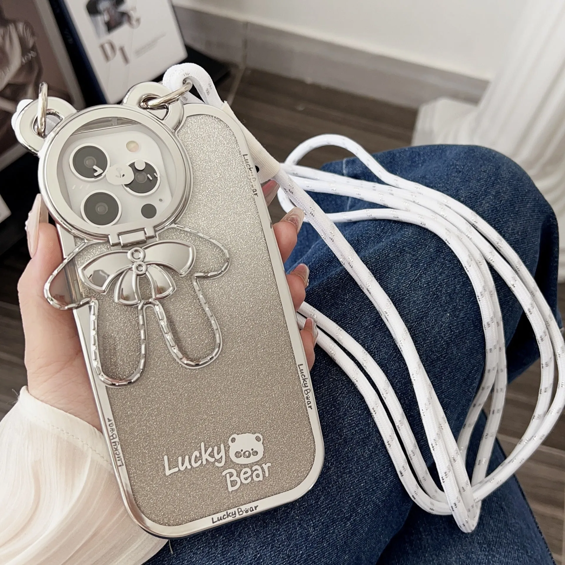 Electroplating glitter TPU phone case with Lucky Bear bracket for iPhone series