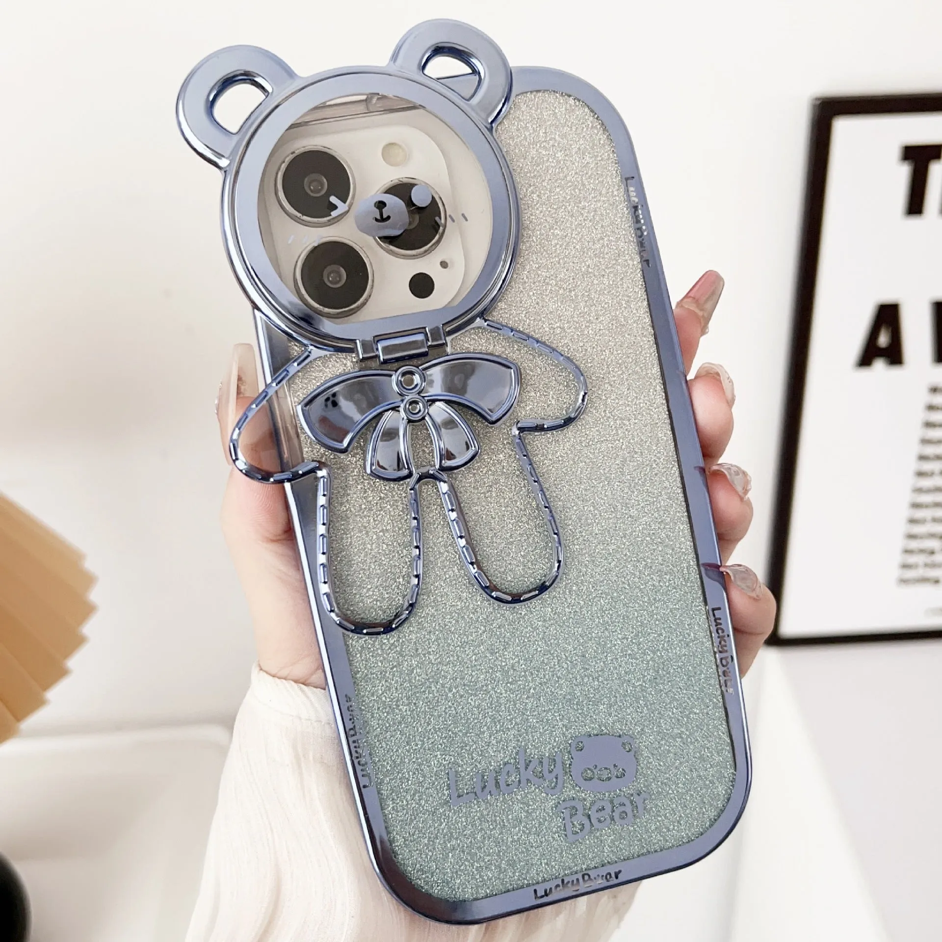Electroplating glitter TPU phone case with Lucky Bear bracket for iPhone series