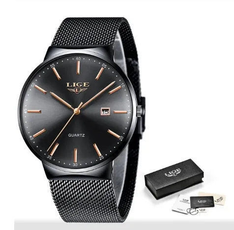 Stainless steel men's wristwatch with 40mm dial showing all-black, all-blue, and black-blue colour options