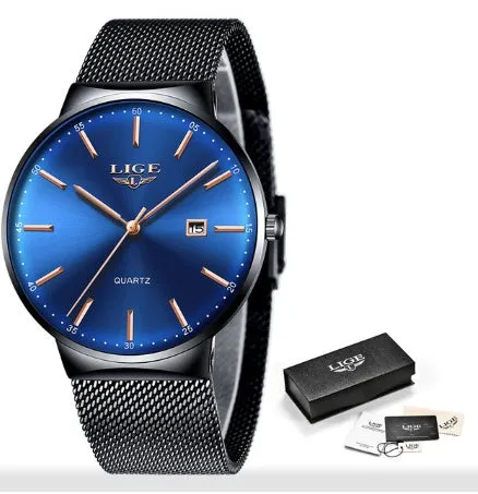 Stainless steel men's wristwatch with 40mm dial showing all-black, all-blue, and black-blue colour options