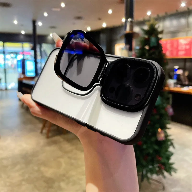 Lens drop protection high-permeability acrylic sunglasses holder phone case with invisible kickstand for iPhone