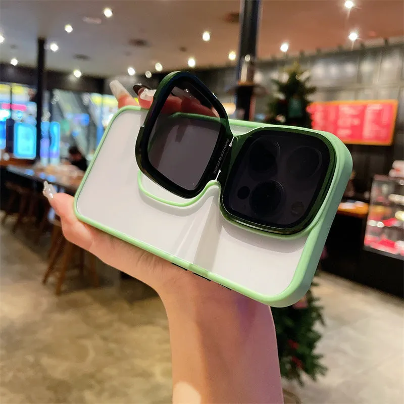 Lens drop protection high-permeability acrylic sunglasses holder phone case with invisible kickstand for iPhone