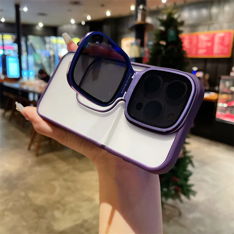 Lens drop protection high-permeability acrylic sunglasses holder phone case with invisible kickstand for iPhone