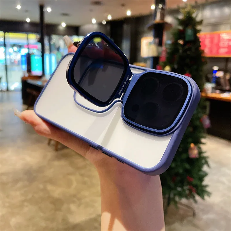 Lens drop protection high-permeability acrylic sunglasses holder phone case with invisible kickstand for iPhone
