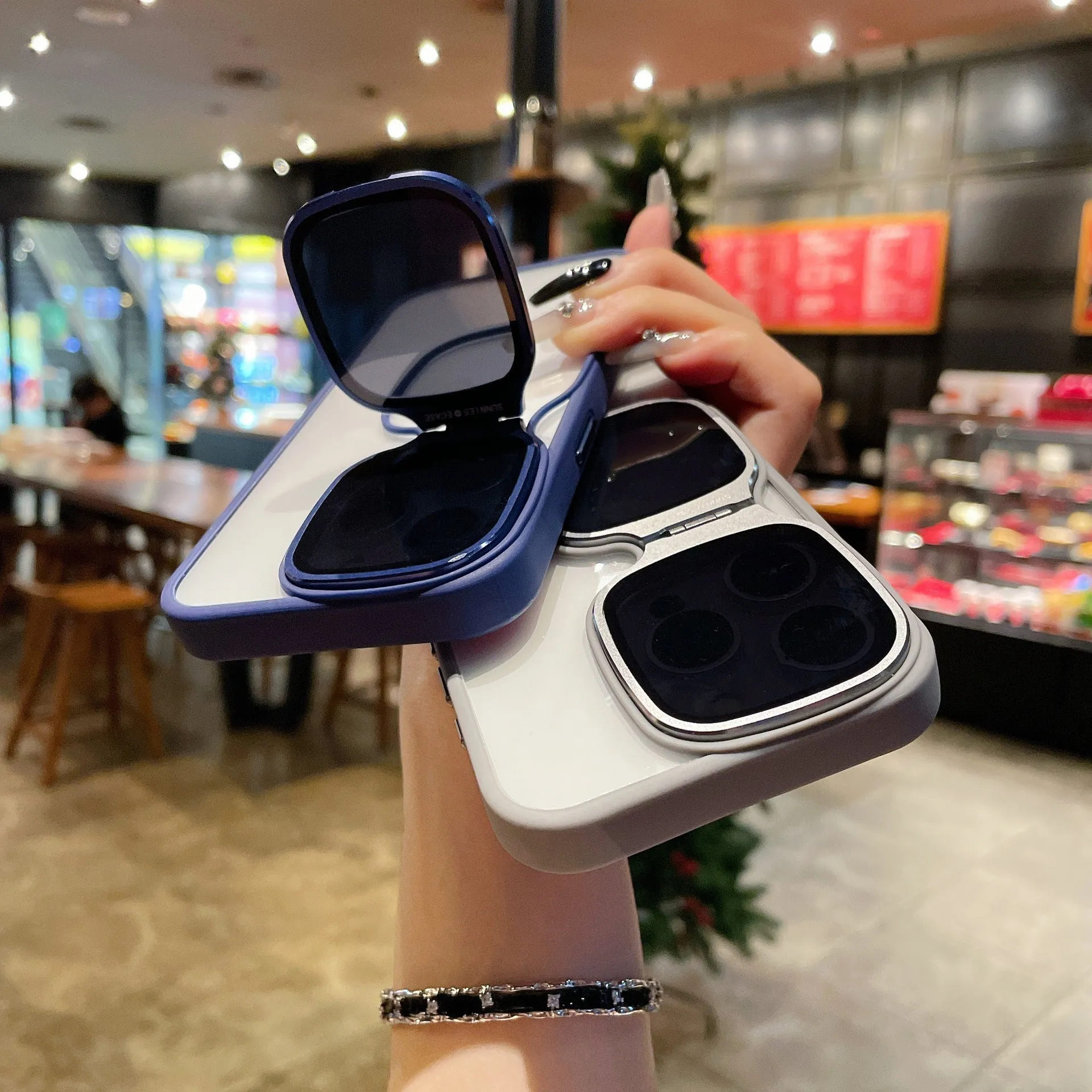 Lens drop protection high-permeability acrylic sunglasses holder phone case with invisible kickstand for iPhone