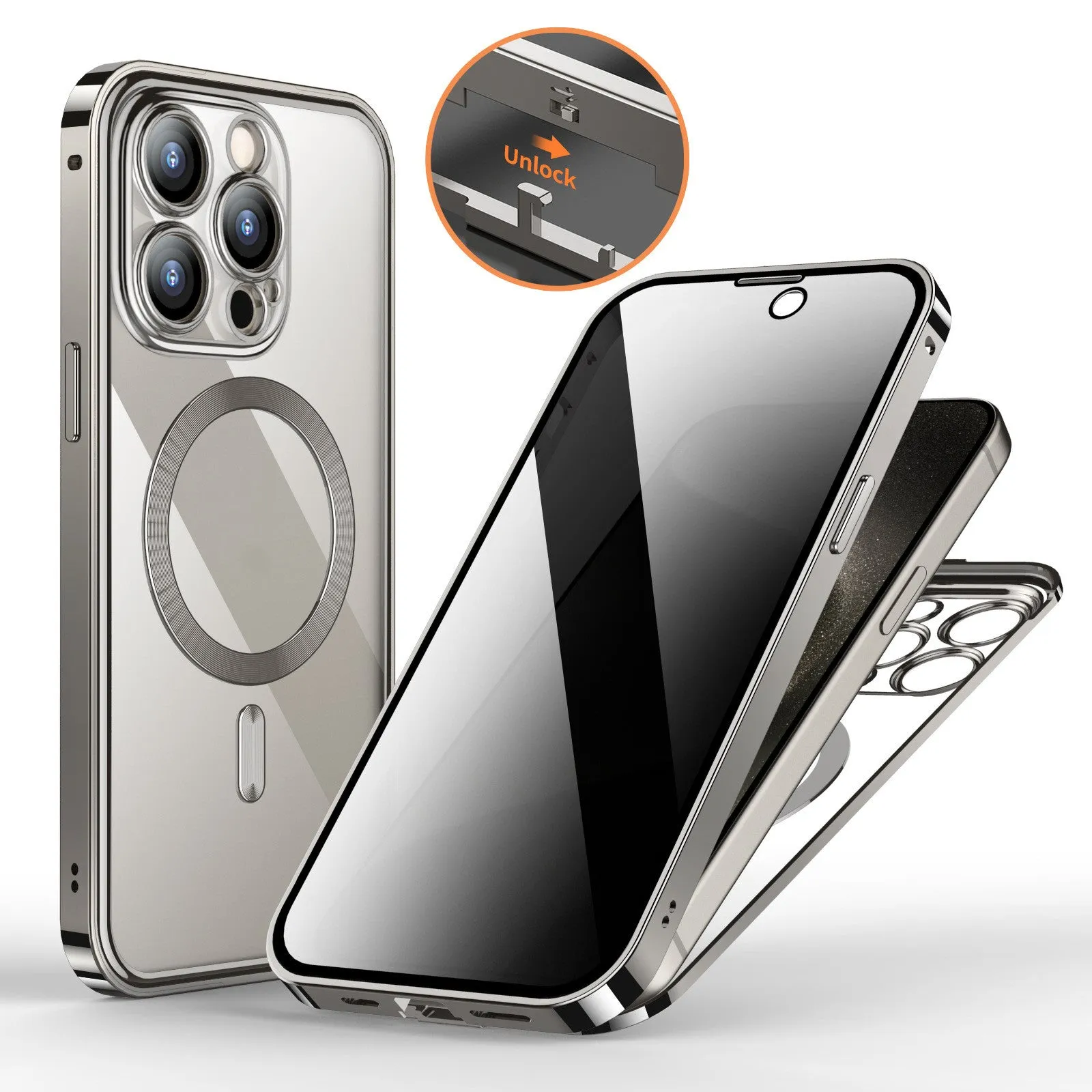 Magnetic snap closure silicone phone case for iPhone, dual-sided lens, anti-peeping screen, gold colour