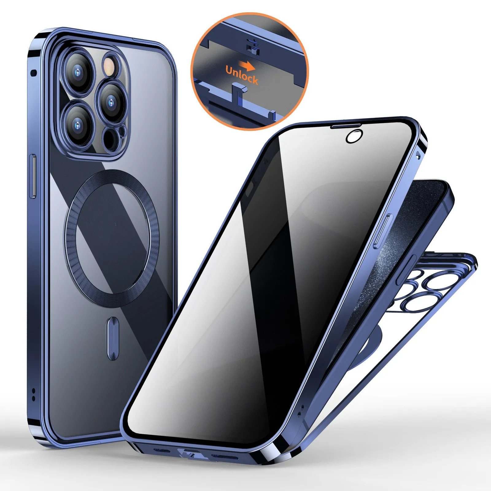 Magnetic snap closure silicone phone case for iPhone, dual-sided lens, anti-peeping screen, gold colour