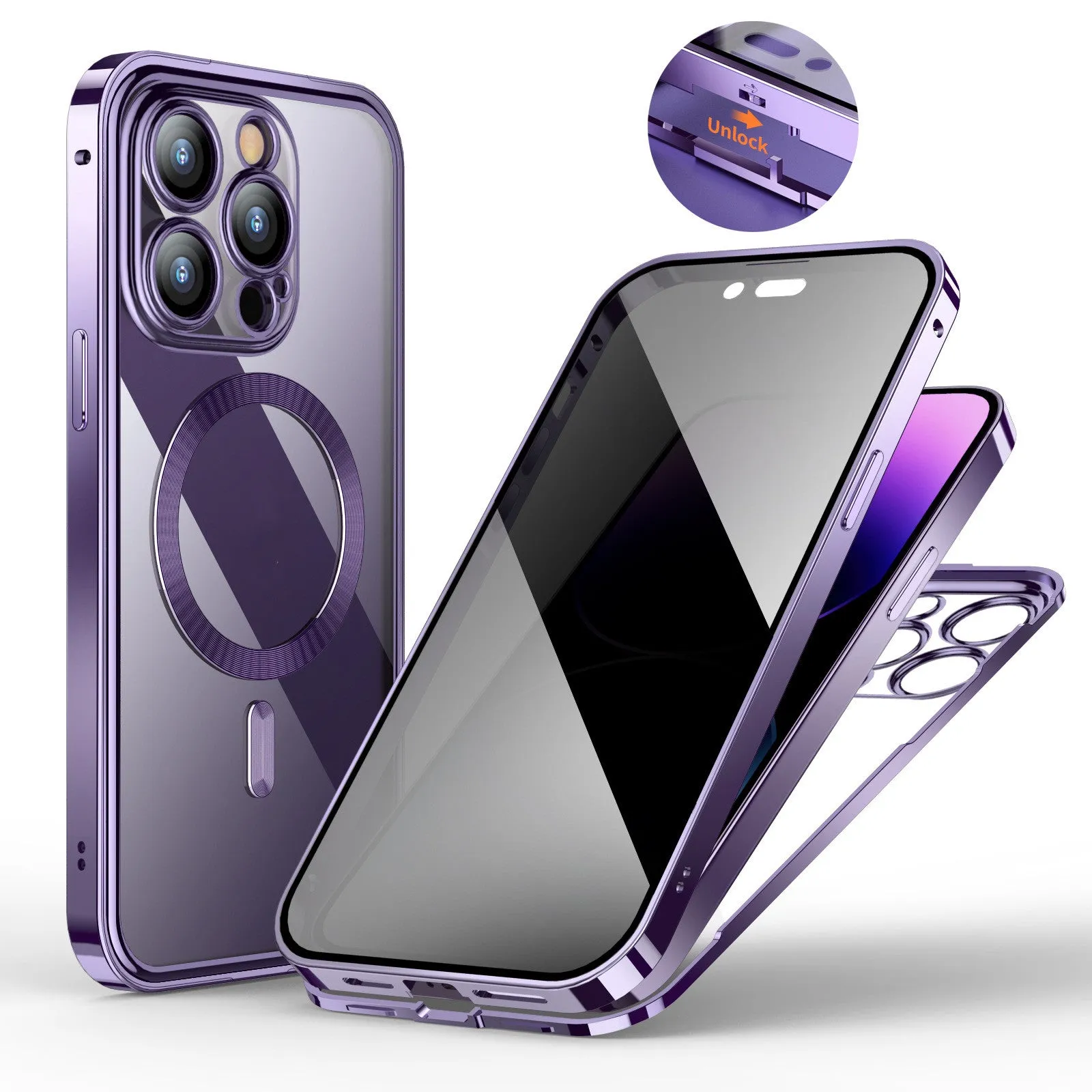 Magnetic snap closure silicone phone case for iPhone, dual-sided lens, anti-peeping screen, gold colour
