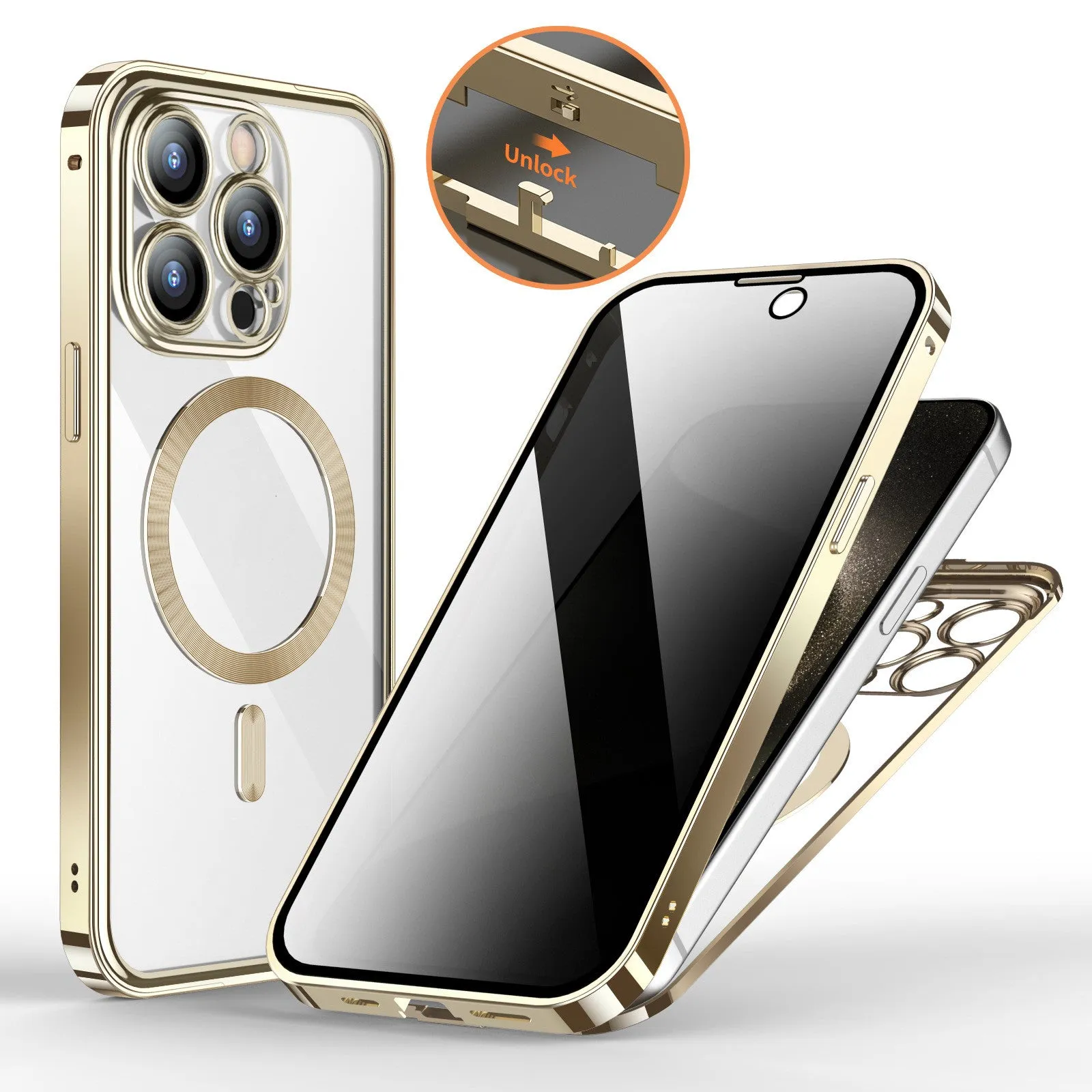 Magnetic snap closure silicone phone case for iPhone, dual-sided lens, anti-peeping screen, gold colour