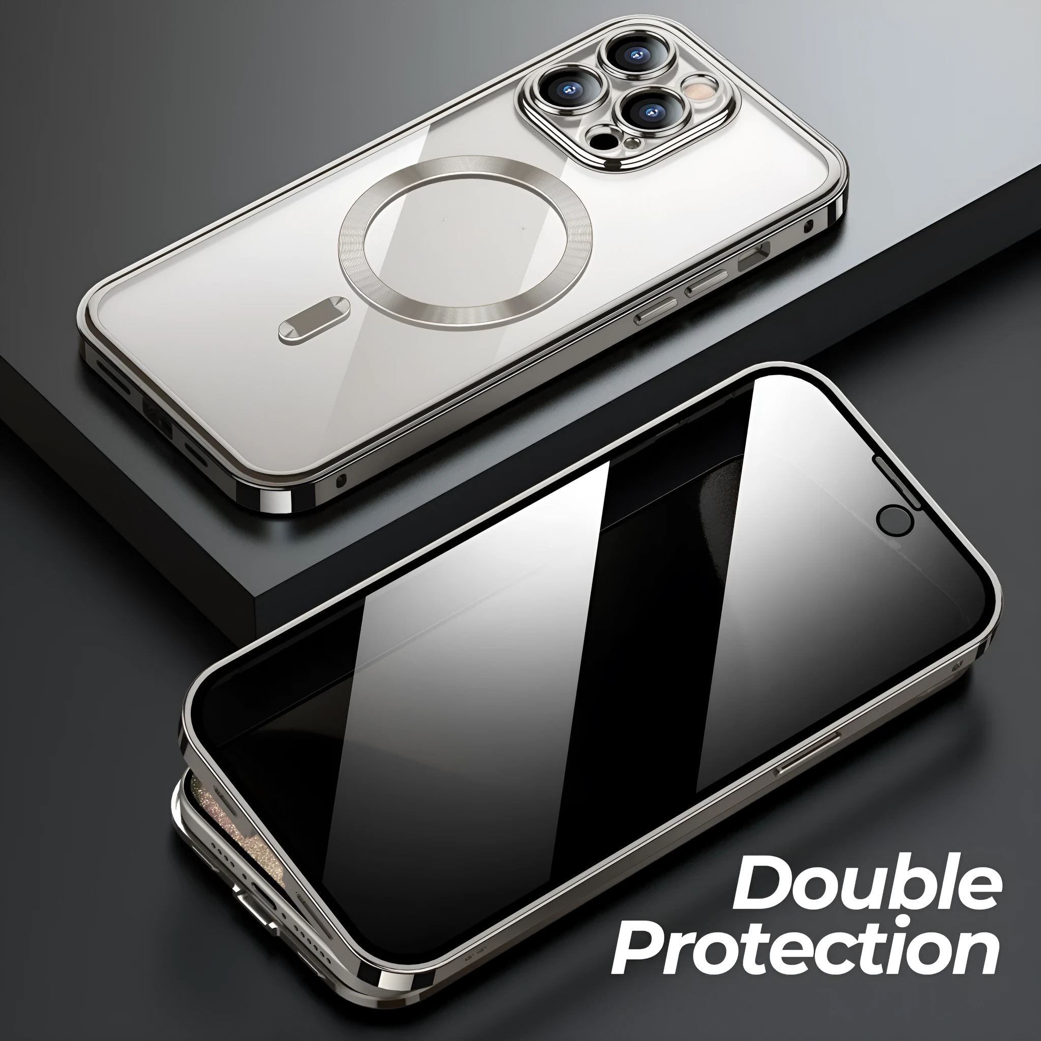 Magnetic snap closure silicone phone case for iPhone, dual-sided lens, anti-peeping screen, gold colour