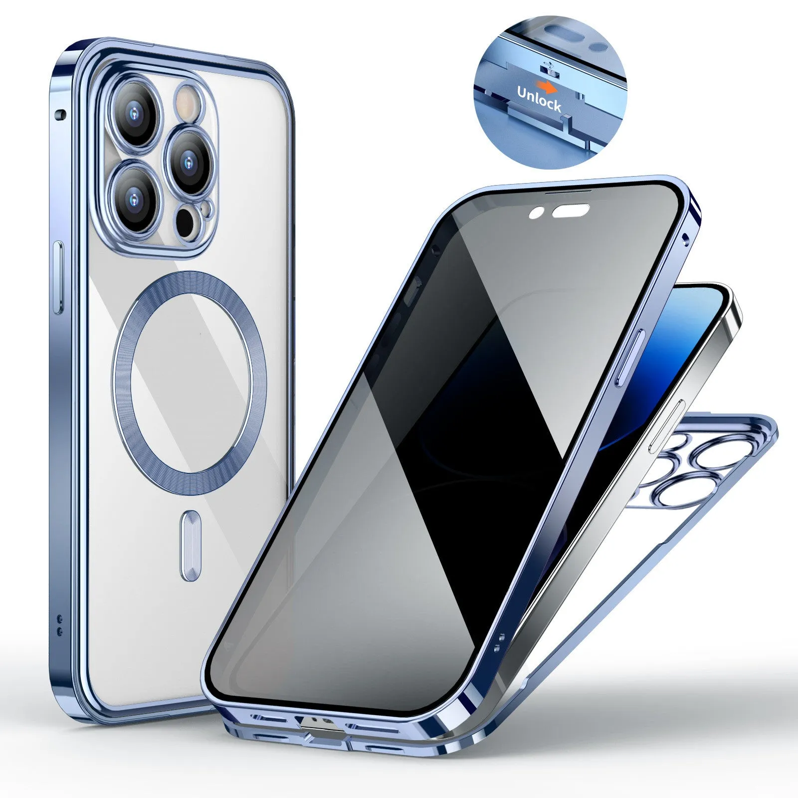 Magnetic snap closure silicone phone case for iPhone, dual-sided lens, anti-peeping screen, gold colour