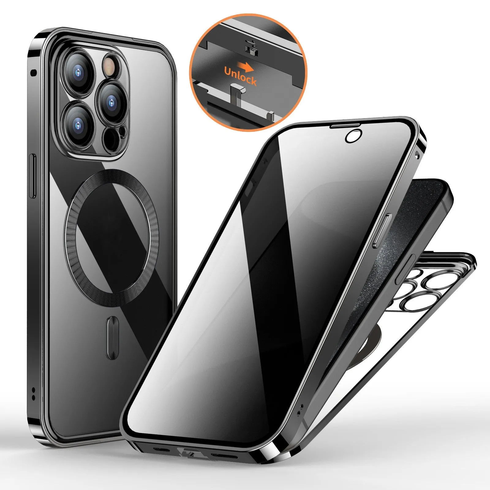 Magnetic snap closure silicone phone case for iPhone, dual-sided lens, anti-peeping screen, gold colour