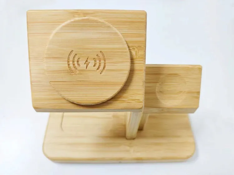 Bamboo three-in-one wireless charger desktop phone holder in natural colour