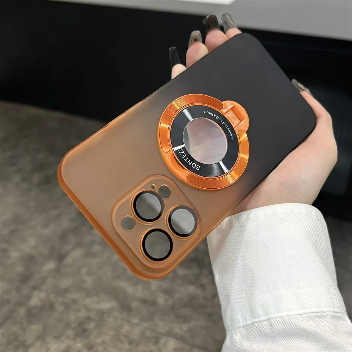 Frosted PC magnetic bracket phone case for iPhone 15 with large window protective cover in gradient blue