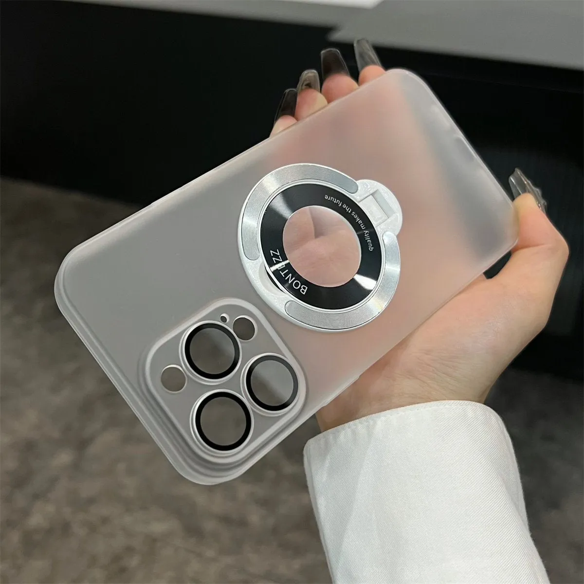 Frosted PC magnetic bracket phone case for iPhone 15 with large window protective cover in gradient blue