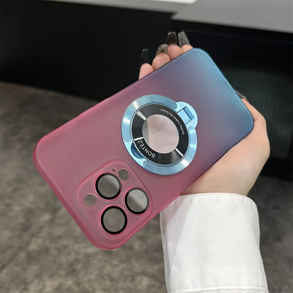 Frosted PC magnetic bracket phone case for iPhone 15 with large window protective cover in gradient blue