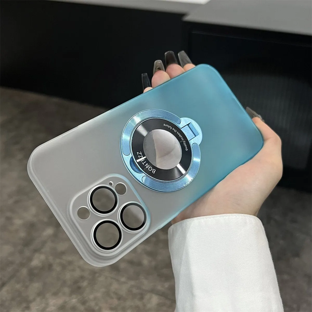 Frosted PC magnetic bracket phone case for iPhone 15 with large window protective cover in gradient blue