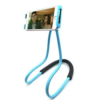 White universal smartphone neck holder with 360-degree rotating clamp on a black strap.