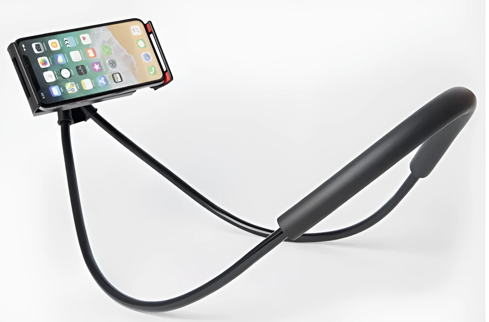 White universal smartphone neck holder with 360-degree rotating clamp on a black strap.
