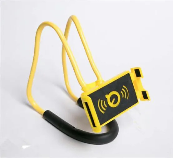 White universal smartphone neck holder with 360-degree rotating clamp on a black strap.
