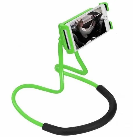 White universal smartphone neck holder with 360-degree rotating clamp on a black strap.