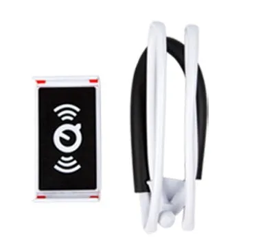 White universal smartphone neck holder with 360-degree rotating clamp on a black strap.