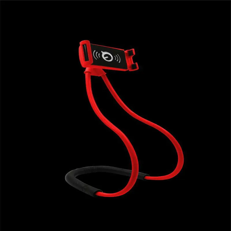 White universal smartphone neck holder with 360-degree rotating clamp on a black strap.
