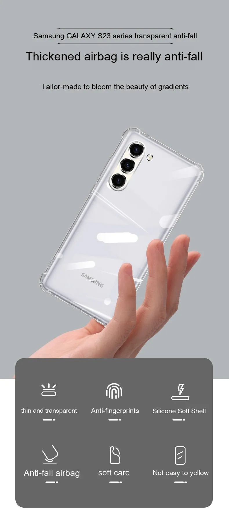 Transparent TPU phone case for Samsung Galaxy S23 with four-corner airbag protection