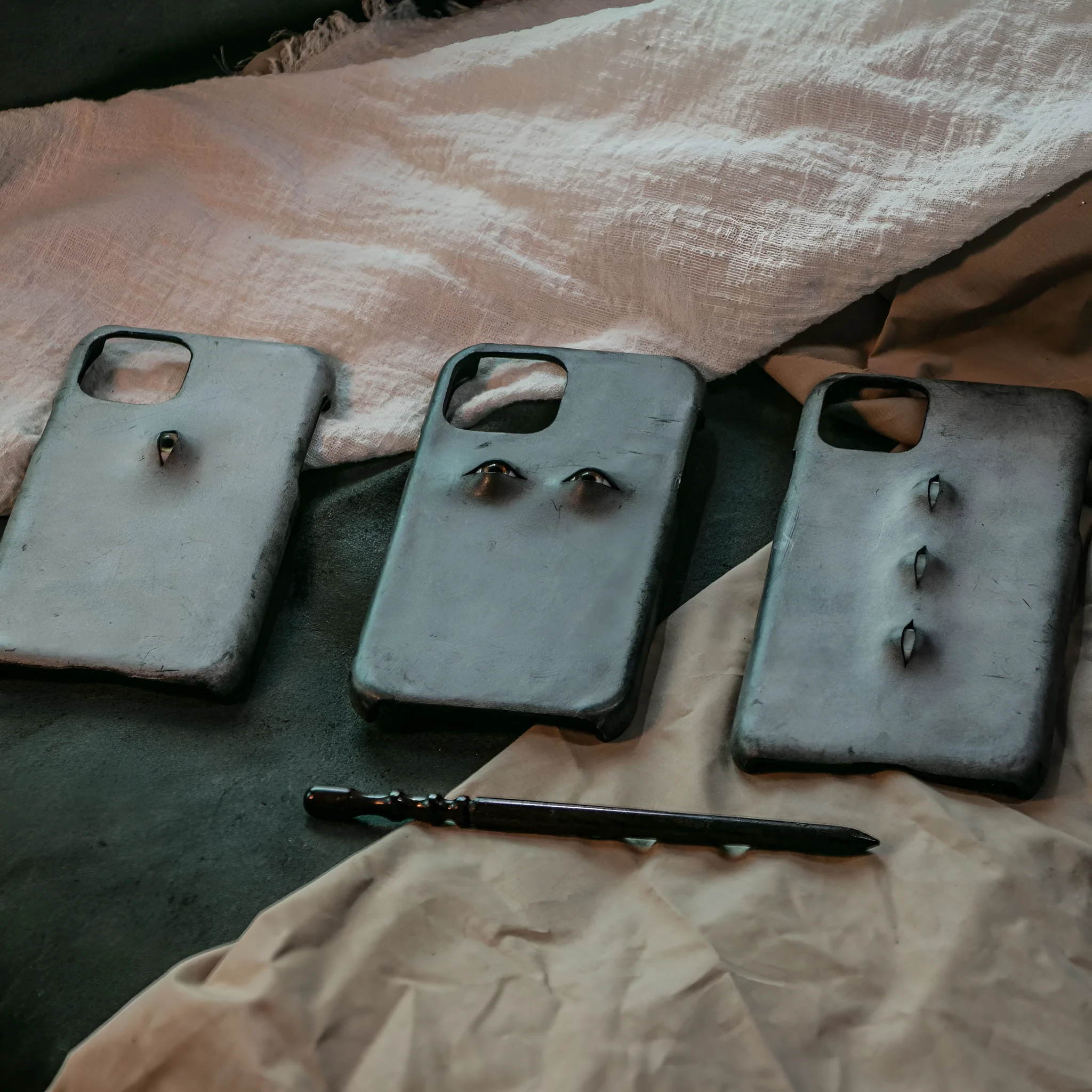 Vintage distressed cowhide leather phone case with textured grip, compatible with iPhone models 15 to 8 Plus, single eye style