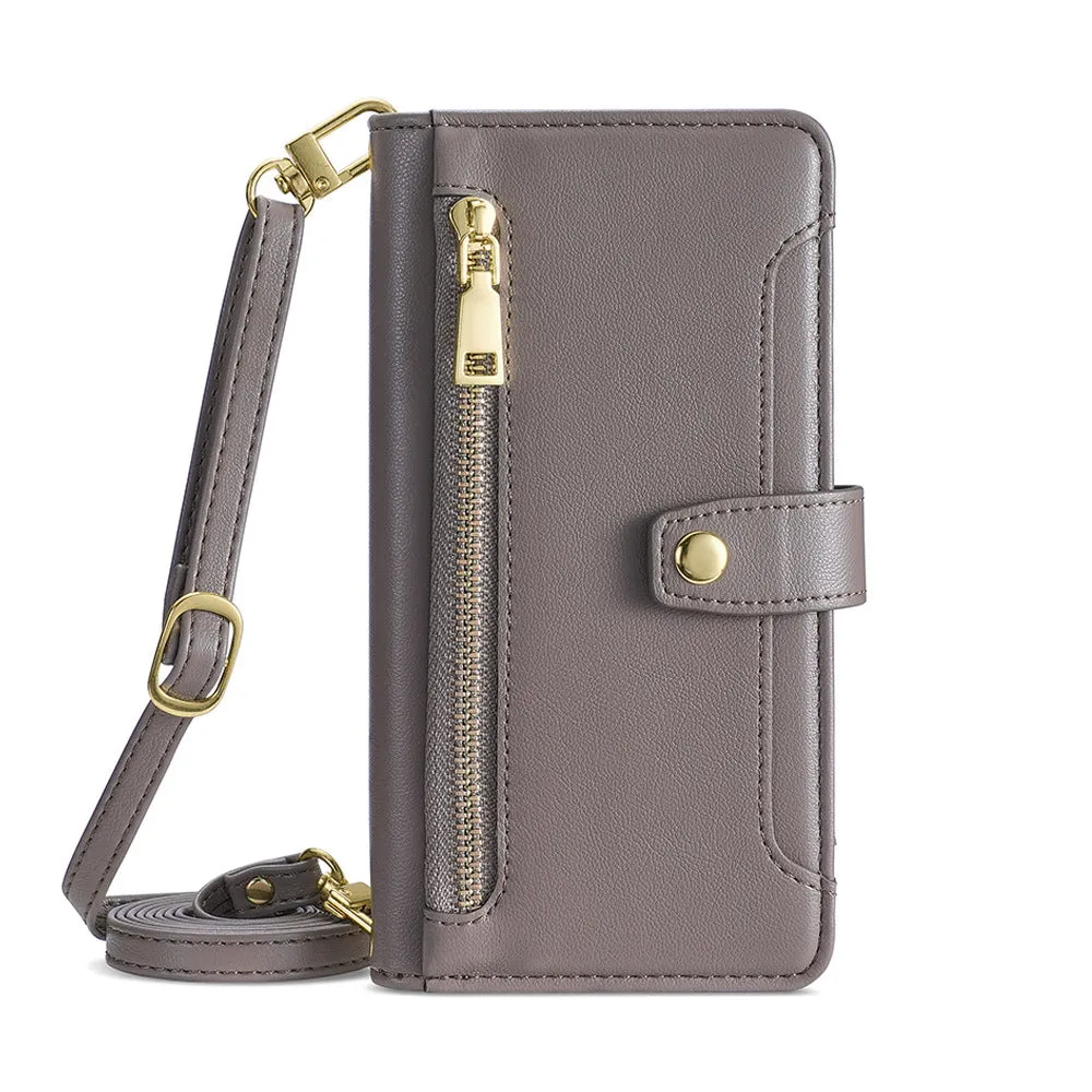 Flip cross-body lanyard phone case with card slot bracket magnetic suction for iPhone Samsung Huawei in black colour