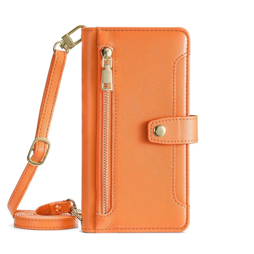 Flip cross-body lanyard phone case with card slot bracket magnetic suction for iPhone Samsung Huawei in black colour
