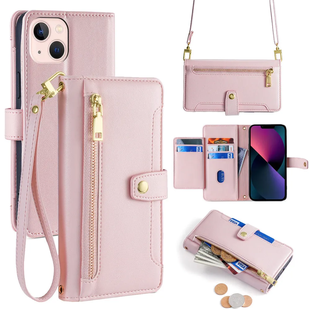 Flip cross-body lanyard phone case with card slot bracket magnetic suction for iPhone Samsung Huawei in black colour
