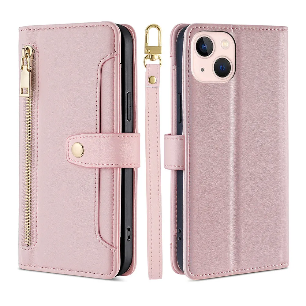 Flip cross-body lanyard phone case with card slot bracket magnetic suction for iPhone Samsung Huawei in black colour