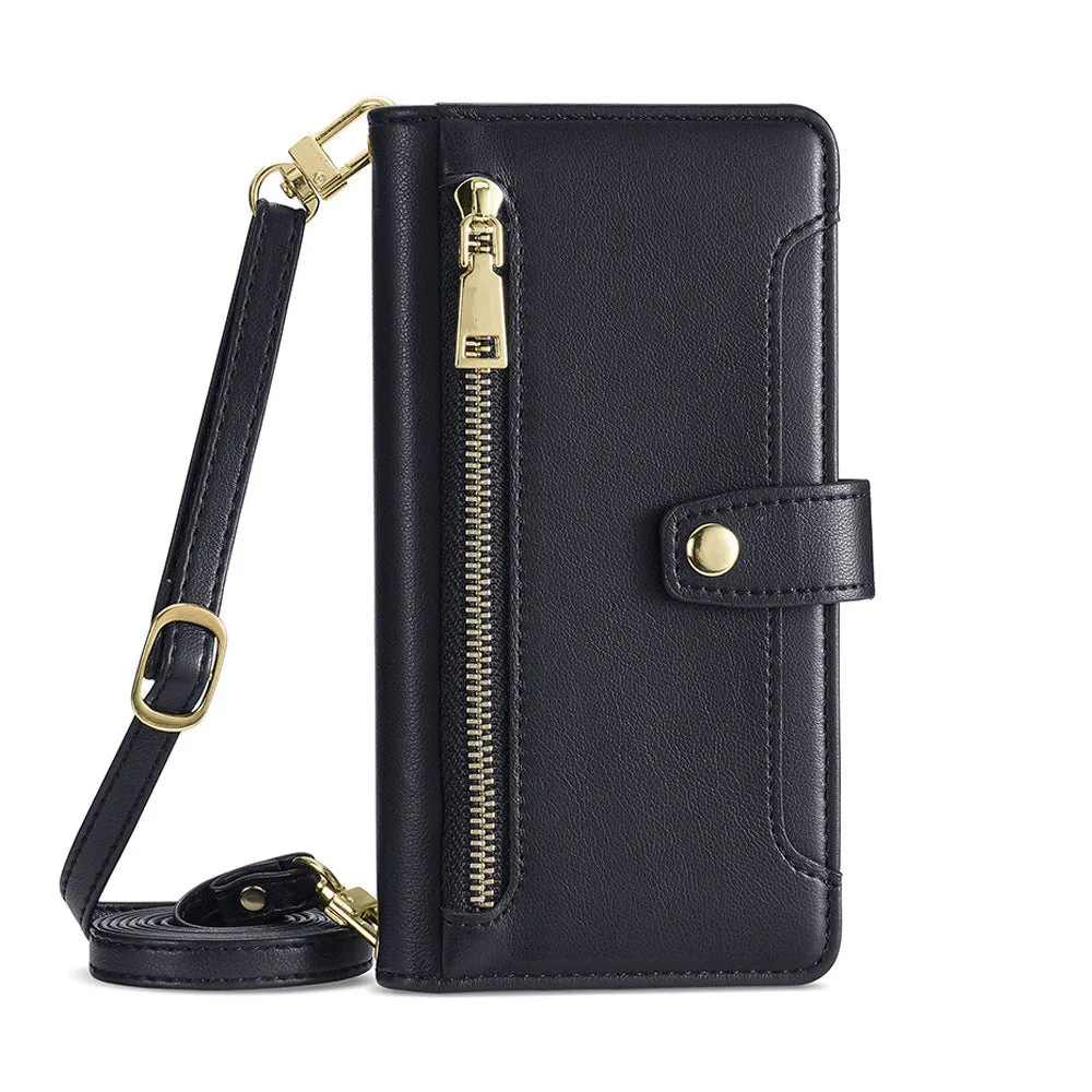 Flip cross-body lanyard phone case with card slot bracket magnetic suction for iPhone Samsung Huawei in black colour