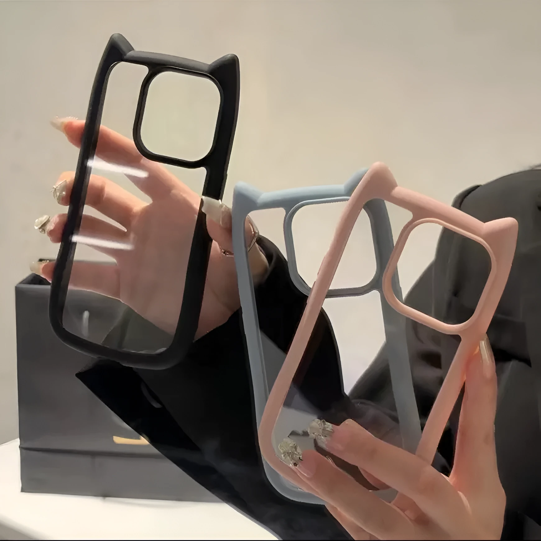 Pink PC cat ears phone case for iPhone showing shockproof design with heat dissipation