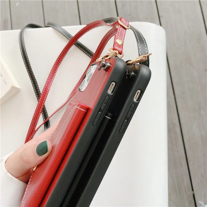 Embossed imitation leather phone case with raised card holder and detachable crossbody rope for iPhone