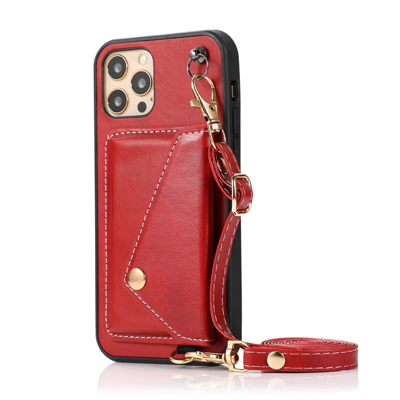 Embossed imitation leather phone case with raised card holder and detachable crossbody rope for iPhone