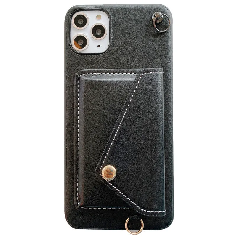 Embossed imitation leather phone case with raised card holder and detachable crossbody rope for iPhone