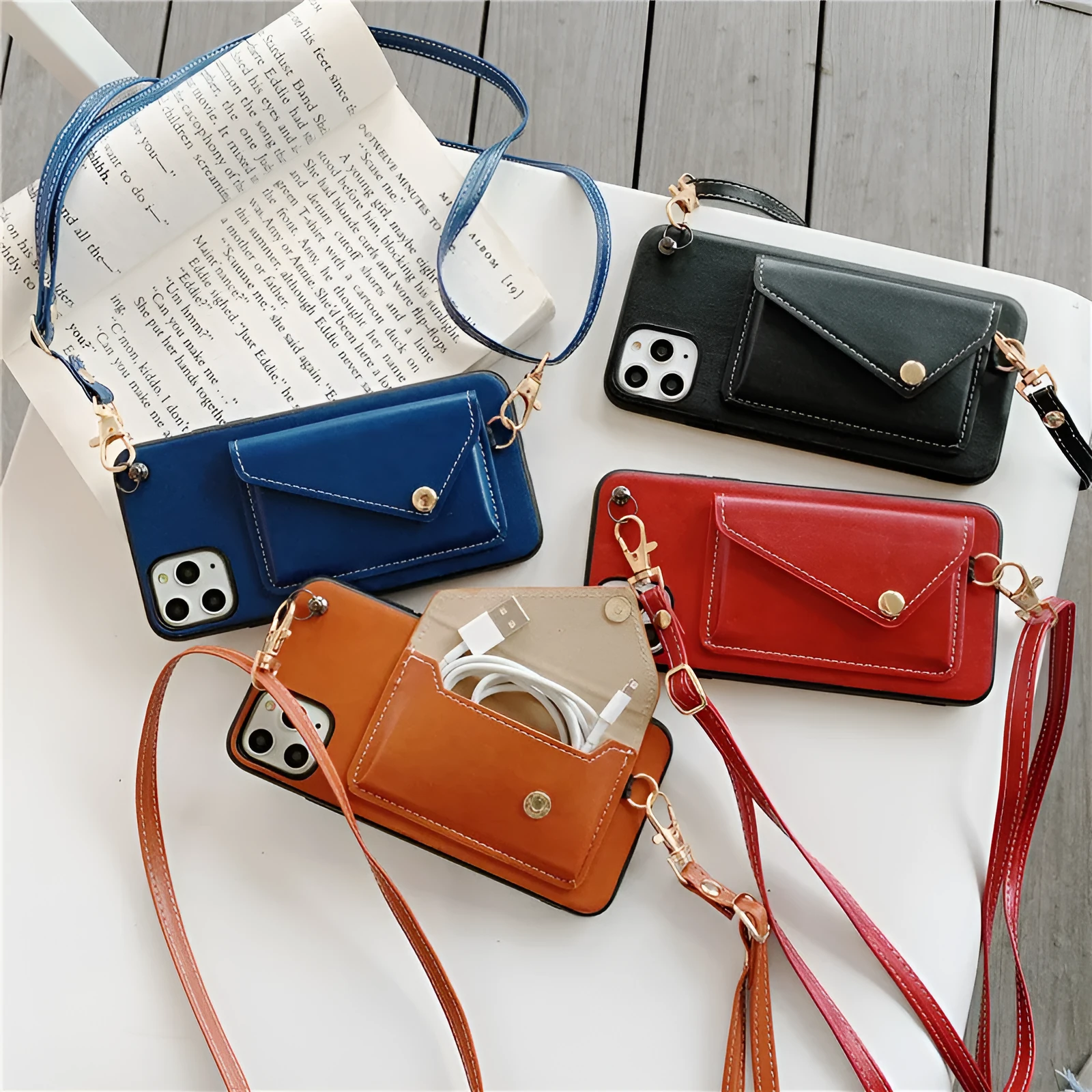 Embossed imitation leather phone case with raised card holder and detachable crossbody rope for iPhone