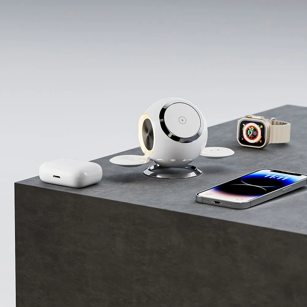 White spherical ambience light vertical magnetic wireless charger with LED glow on desk, 18W QC3.0