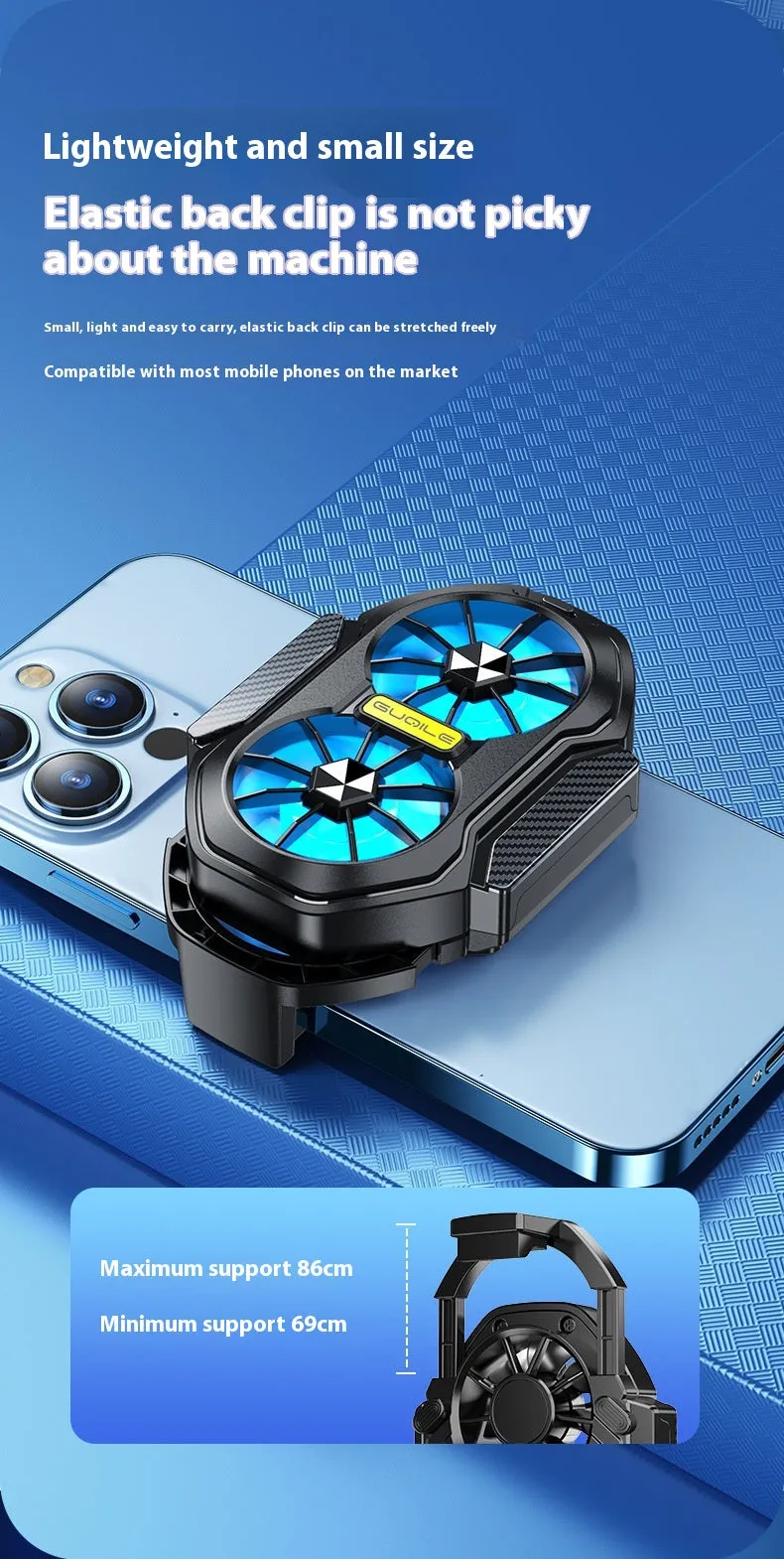 FS01 Twin Fan Air-cooled Charging Mobile Phone Radiator with built-in battery and adjustable clamp on a smartphone