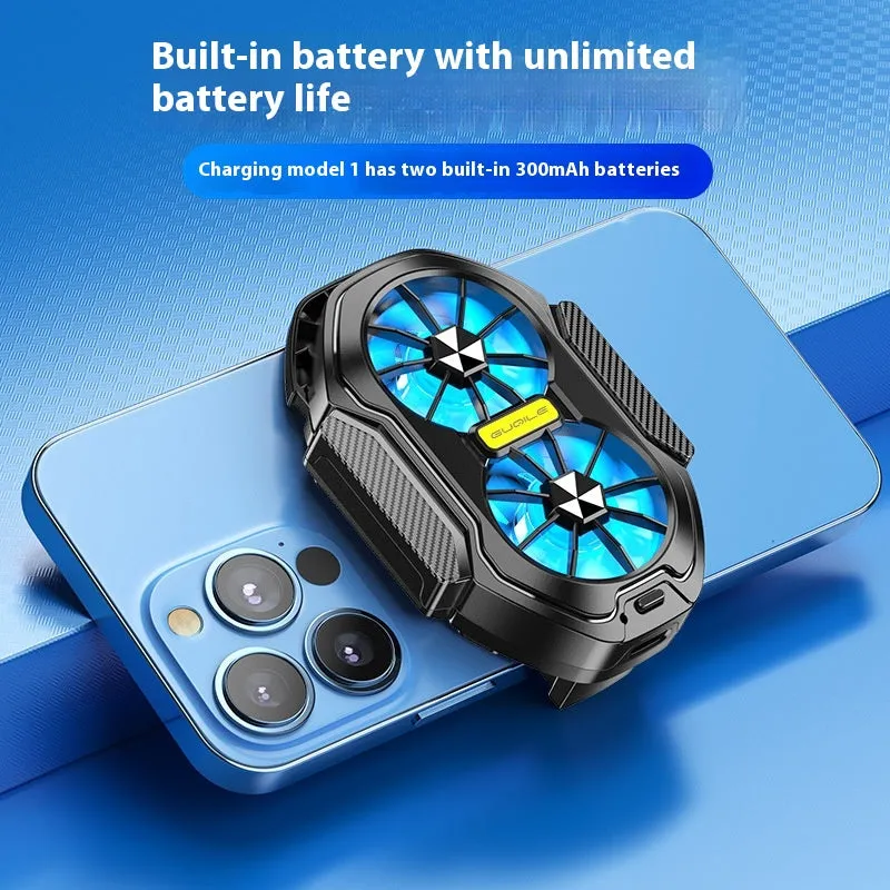 FS01 Twin Fan Air-cooled Charging Mobile Phone Radiator with built-in battery and adjustable clamp on a smartphone