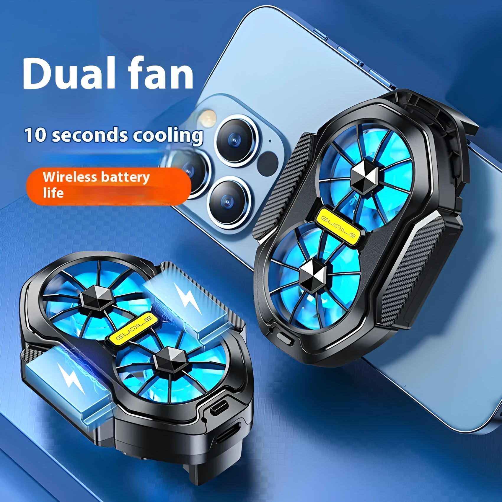 FS01 Twin Fan Air-cooled Charging Mobile Phone Radiator with built-in battery and adjustable clamp on a smartphone