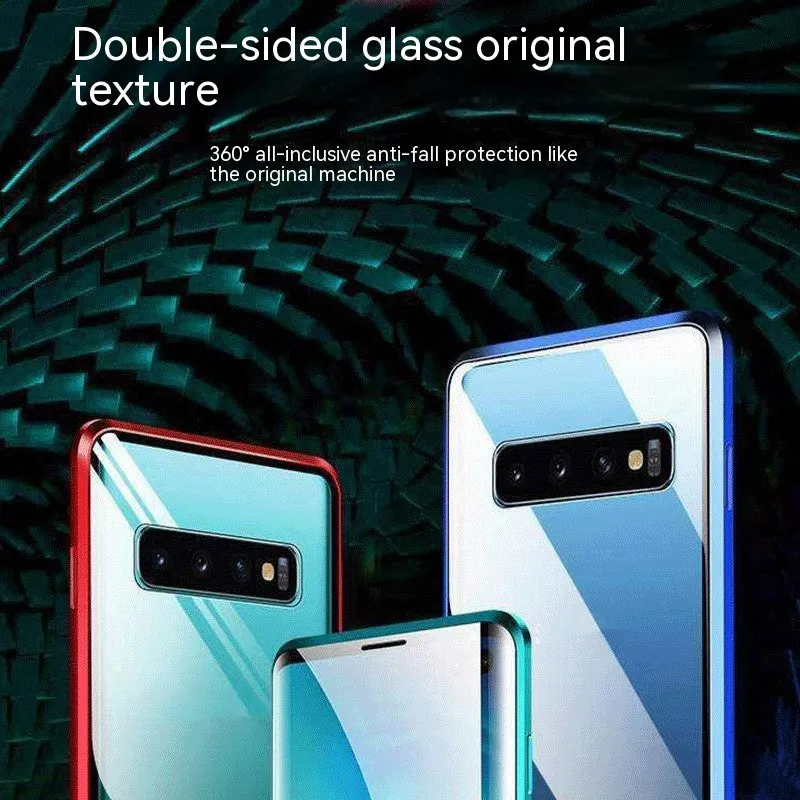 Double-sided glass magnetic metal frame phone case for Samsung, flip style, anti-fall and anti-fingerprint, black colour