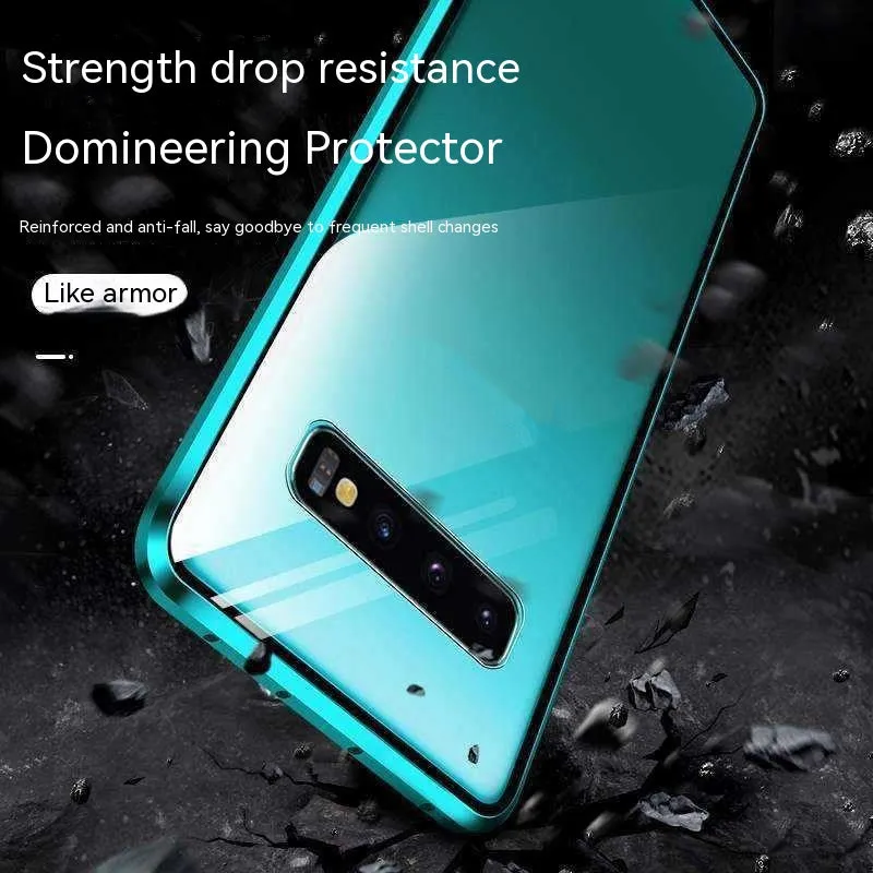 Double-sided glass magnetic metal frame phone case for Samsung, flip style, anti-fall and anti-fingerprint, black colour