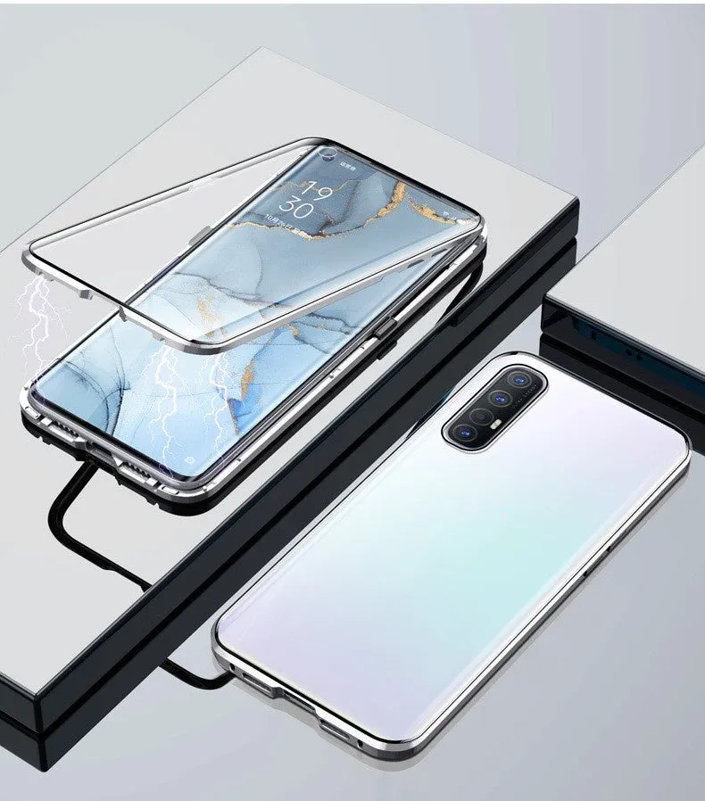 Double-sided glass magnetic metal frame phone case for Samsung, flip style, anti-fall and anti-fingerprint, black colour