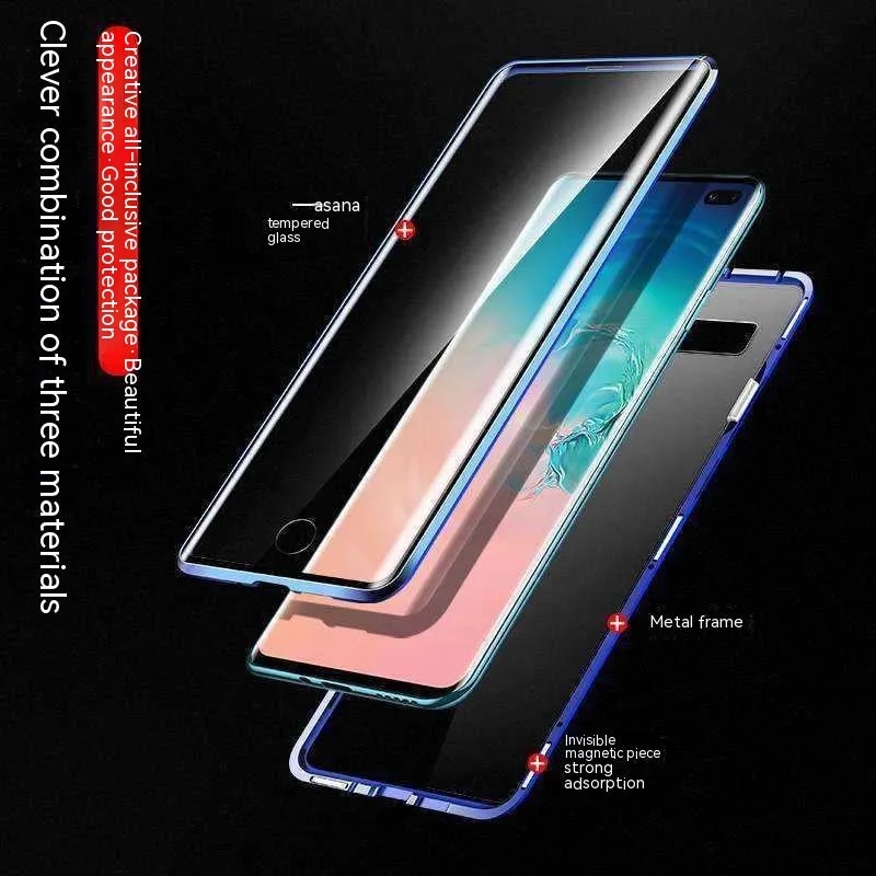 Double-sided glass magnetic metal frame phone case for Samsung, flip style, anti-fall and anti-fingerprint, black colour