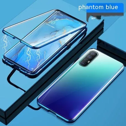 Double-sided glass magnetic metal frame phone case for Samsung, flip style, anti-fall and anti-fingerprint, black colour