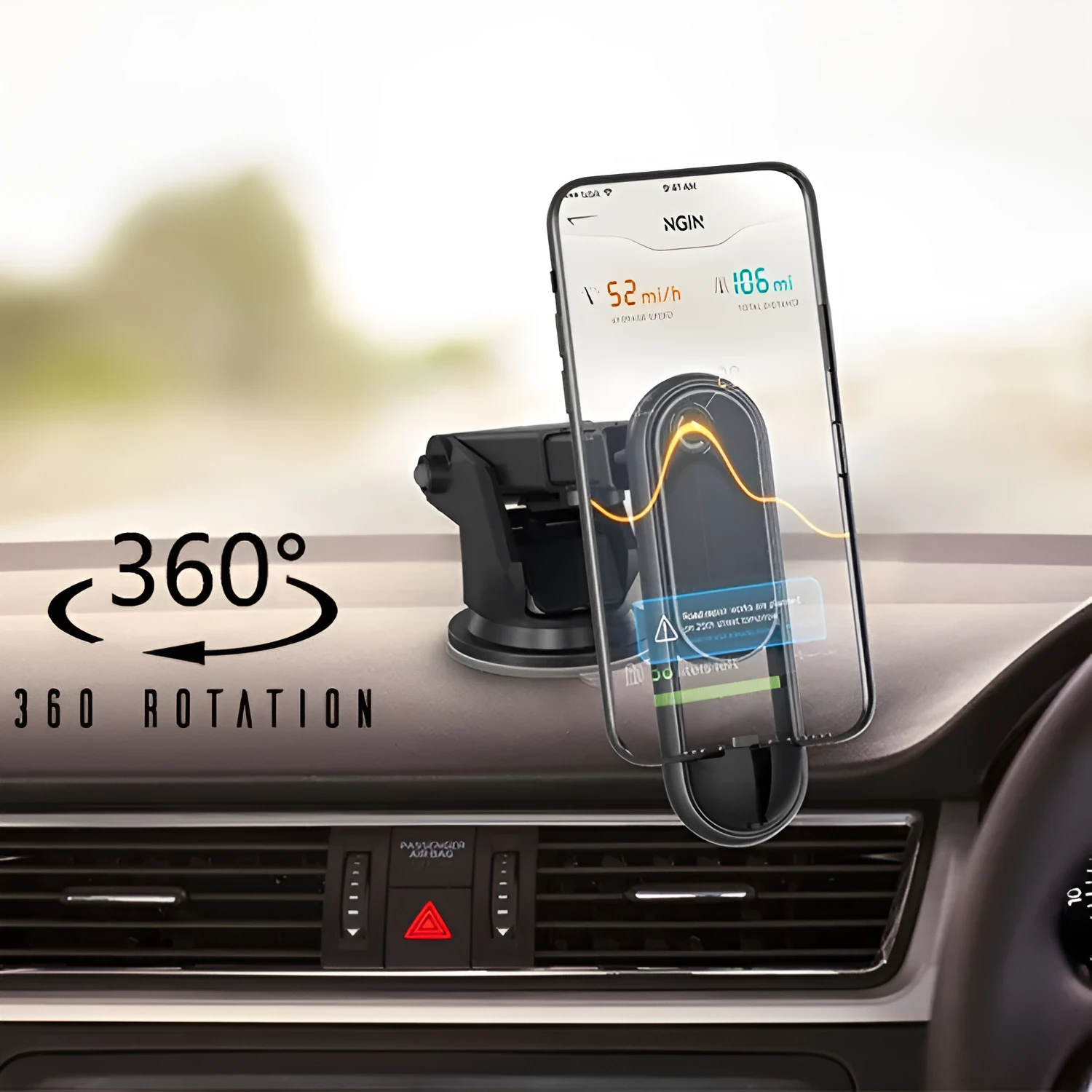 Multi-function rotating car phone holder clipped to a car vent, holding a smartphone
