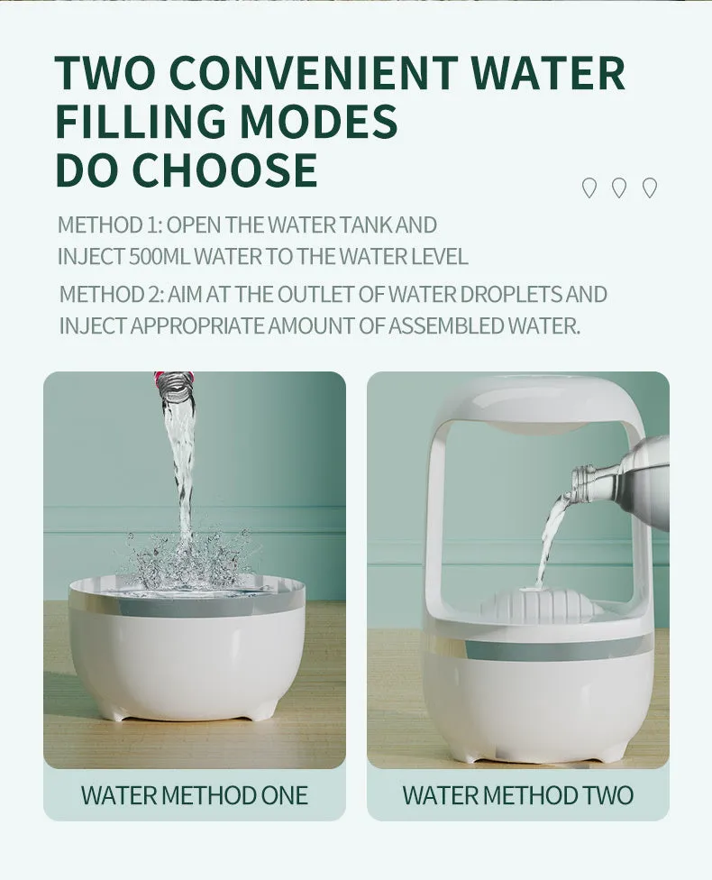 Anti-gravity humidifier with water drop backflow circulation and 500ml capacity for bedroom or office use